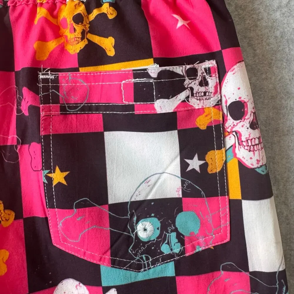 NWT Wes & Willy Youth Boys Check Skull Swim Trunks vibrant multicolored Large